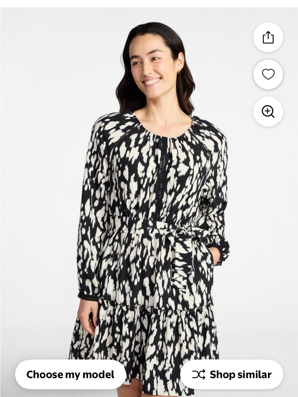 Time And Tru Black And White Printed Long-Sleeve Tie-Waist Dress